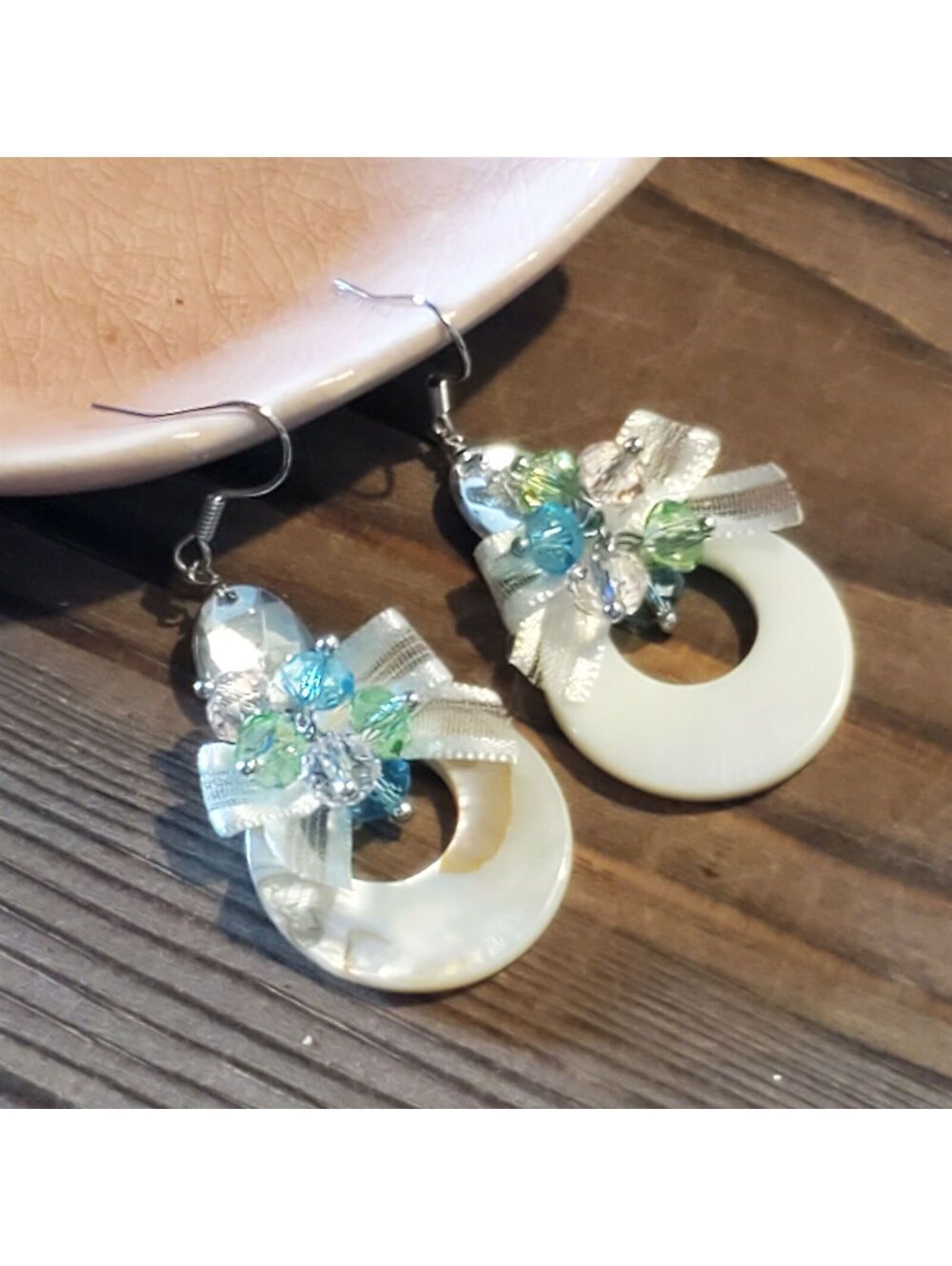 Handcrafted Retro Pearl Shell Czech Crystal White Satin Bows Dangle Earrings